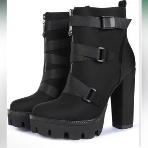 WetKiss Black Heeled Boots with Straps
